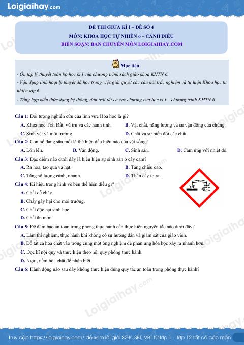 Đề thi giữa kì 1 KHTN 6 Cánh diều - Đề số 4